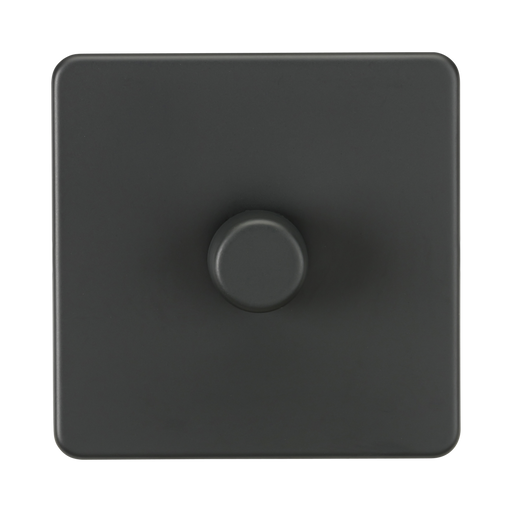 Anthracite square wall switch with round central control on a white background