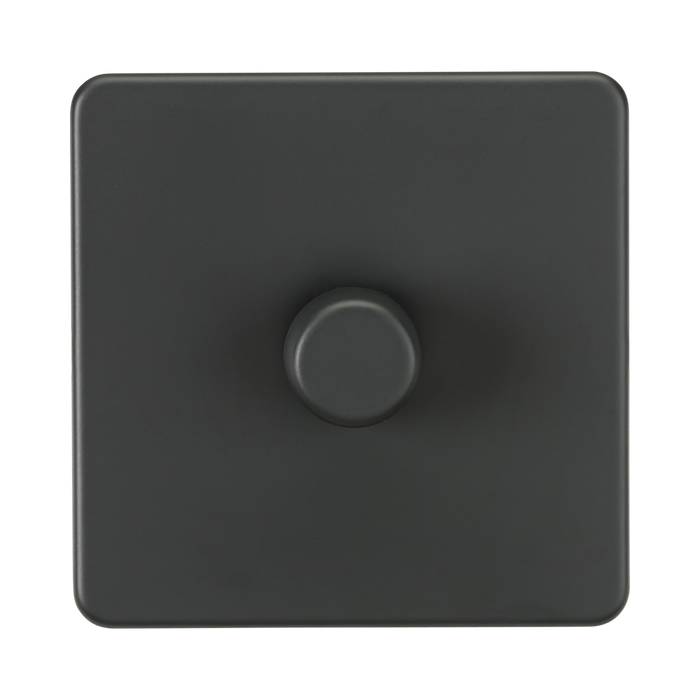 Anthracite square wall switch with round central control on a white background