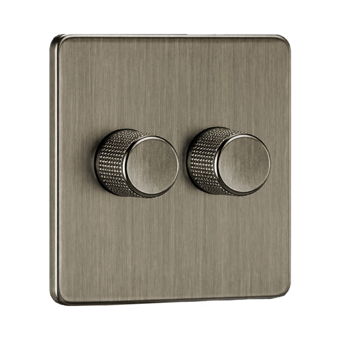 Side Angle of Antique Brass Dimmer Switch (2G 2-way) by Knightsbridge with Knurled Dimmer