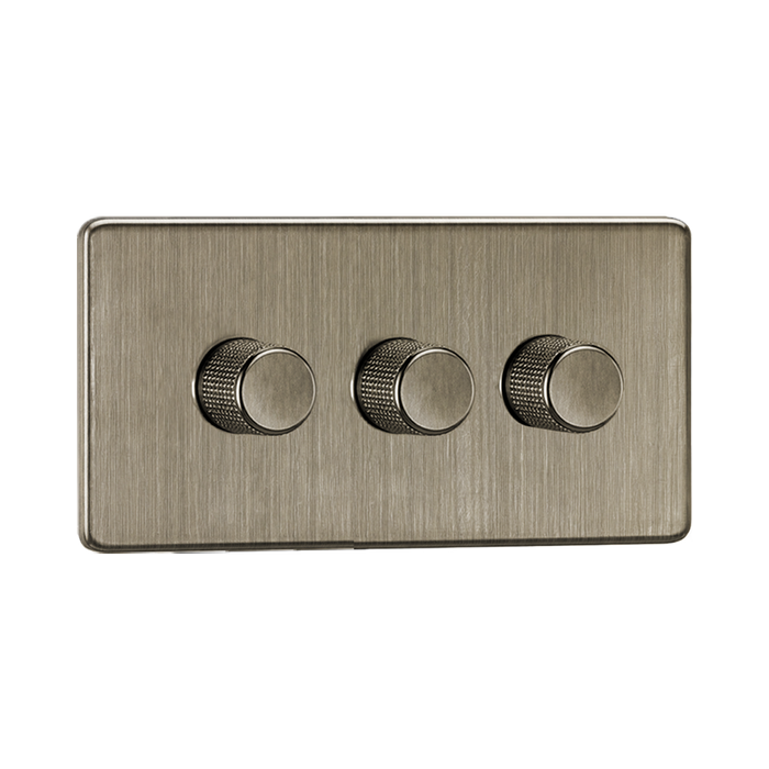 Side Angle of Antique Brass Dimmer Switch (3G 2-way) by Knightsbridge with Knurled Dimmer