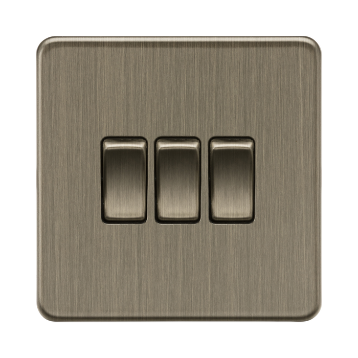 Antique Brass Light Switch (3G 2-way) by Knightsbridge with Screwless flat plate rated 10AX