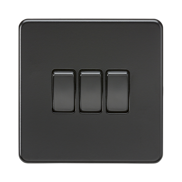 Matt Black Light Switch (3G 2-way) by Knightsbridge with Screwless flat plate rated 10AX