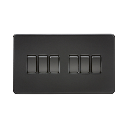 Black rectangular switch plate with six toggle switches on a white background