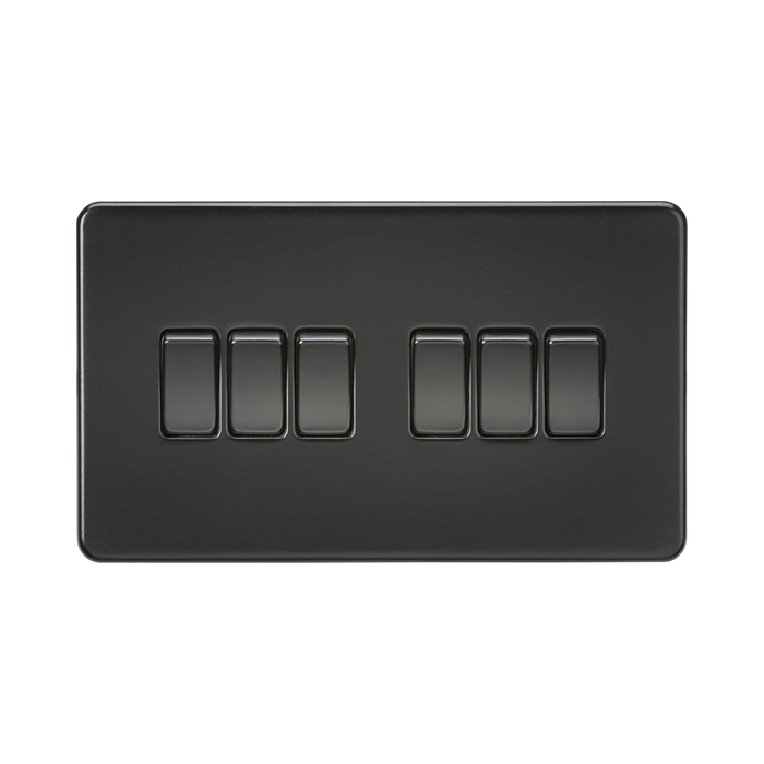 Black rectangular switch plate with six toggle switches on a white background