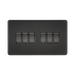 Black rectangular switch plate with six toggle switches on a white background