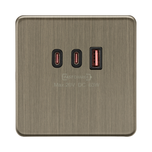 Antique Brass USB charging station with three ports on a white background