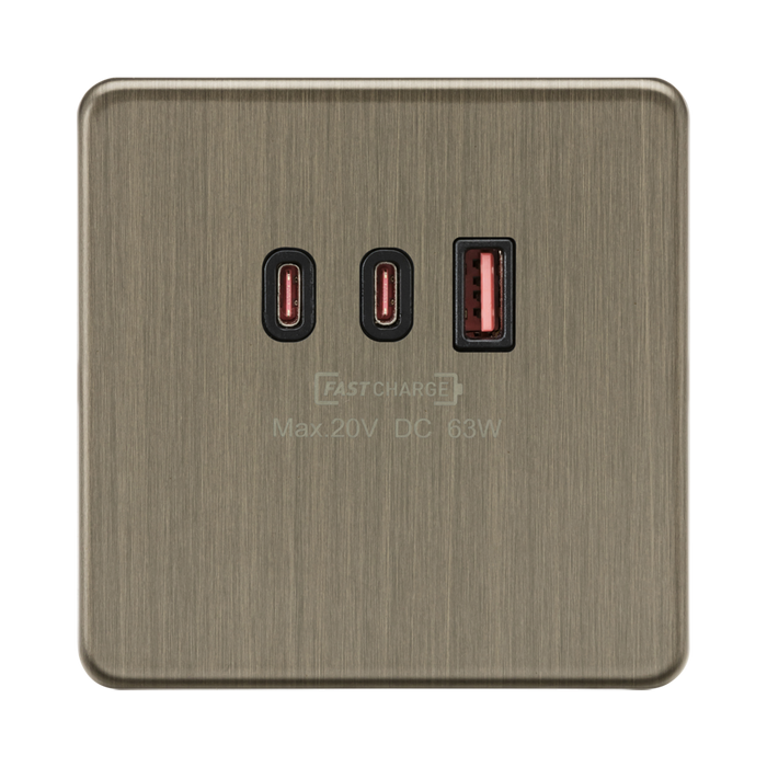 Antique Brass USB charging station with three ports on a white background