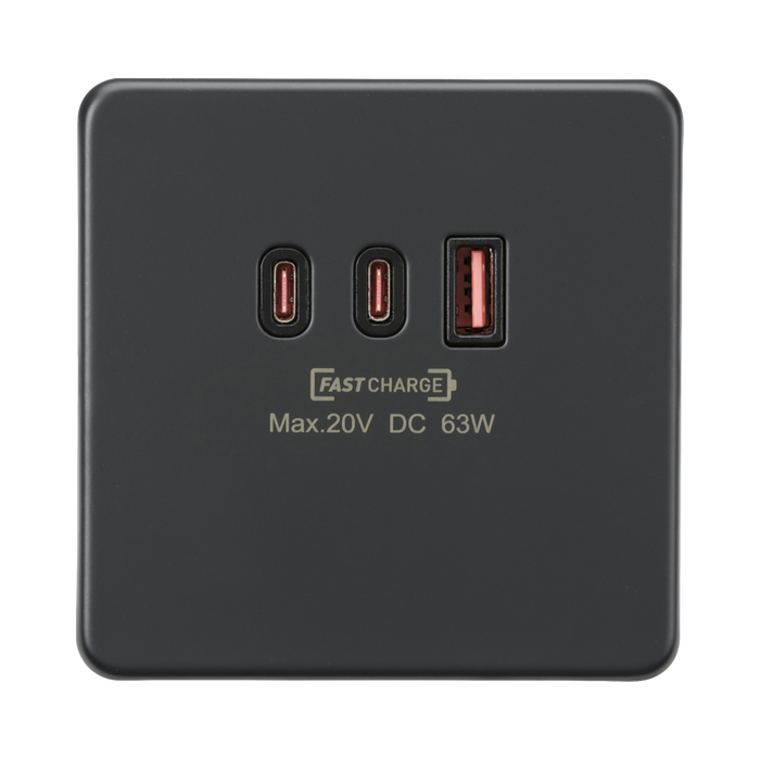 Knightsbridge Screwless Anthracite Dual 63W USB-C and USB-A Charger Plate SF63WAT