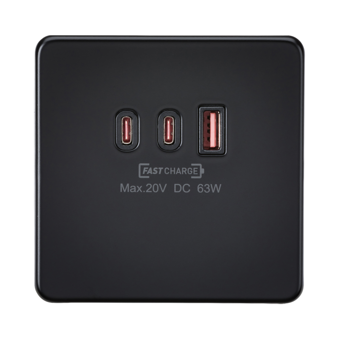 Knightsbridge Screwless Matt Black Dual 63W USB-C and USB-A Charger Plate SF63WMB