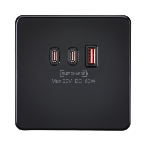 Matt Black USB Socket by Knightsbridge with Fast Charge USB Ports rated 63W