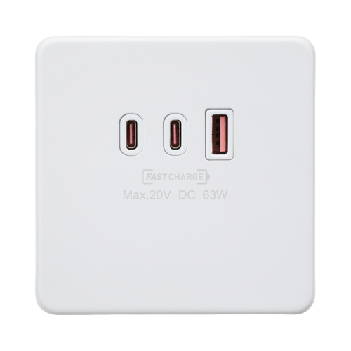 Knightsbridge Screwless Matt White Dual 63W USB-C and USB-A Charger Plate SF63WMW