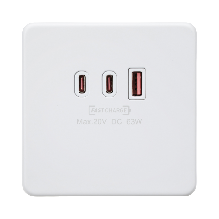 Matt White USB Socket by Knightsbridge with Fast Charge USB Ports rated 63W