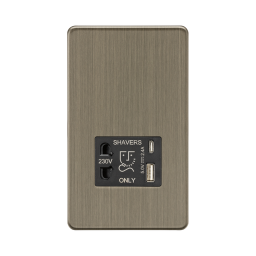 Antique Brass electrical socket with shaver outlet and USB port on a white background