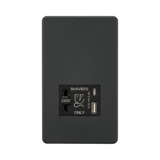 Anthracite wall socket with shaver outlet and USB port on a white background