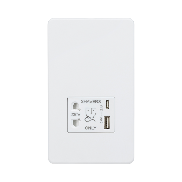 Knightsbridge Screwless Matt White Shaver Socket with Dual USB A+C SF8909MW