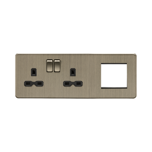 Antique brass colored electrical socket with multiple outlets and switches on a white background