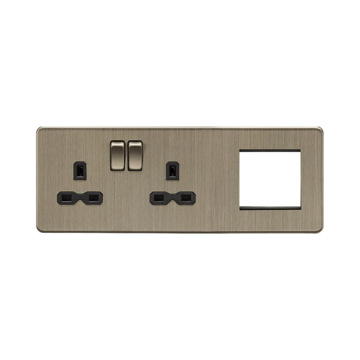 Antique brass colored electrical socket with multiple outlets and switches on a white background