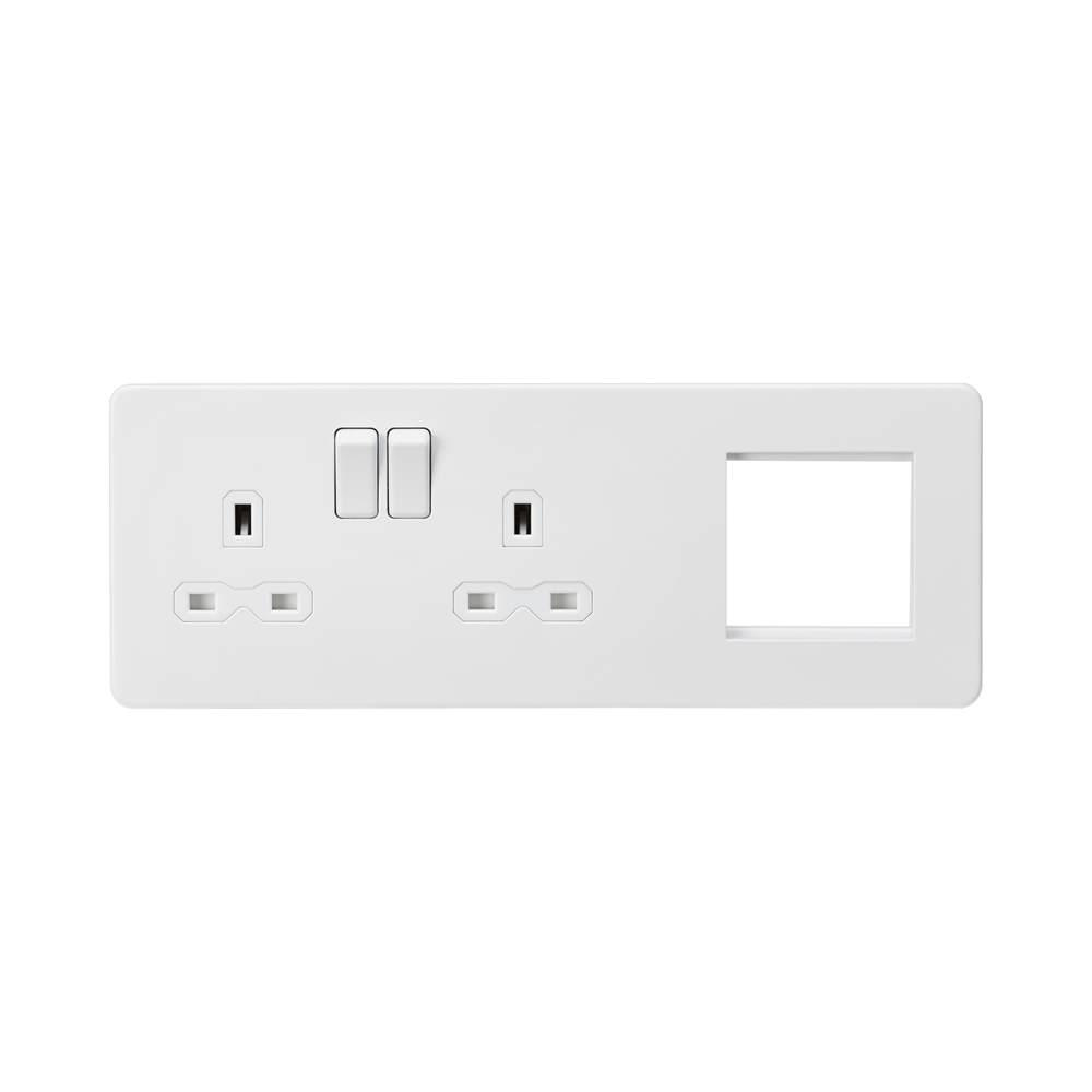 Buildrite Double Socket Knightsbridge Screwless Matt White Double Socket with 2G Euro Plate ...