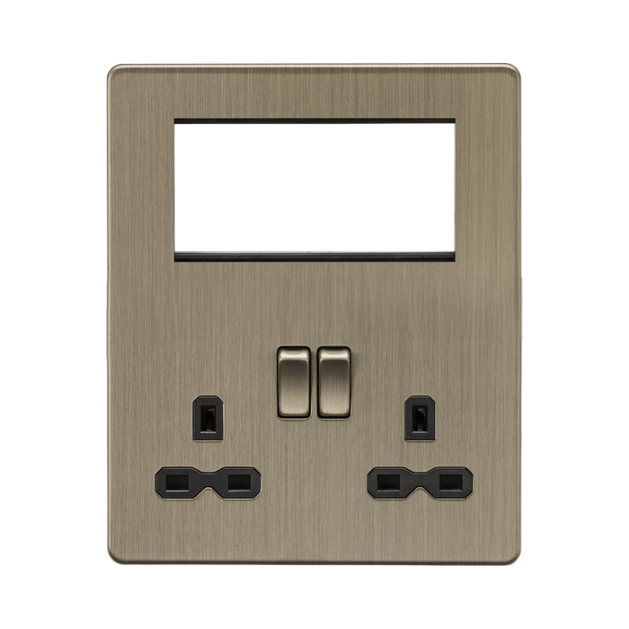 Antique Brass electrical socket with two black sockets and two silver switches on a white background