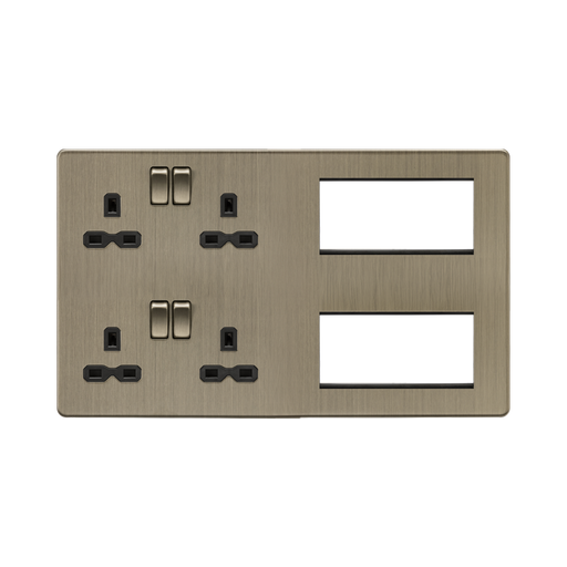 Brass electrical socket and switch panel on a white background