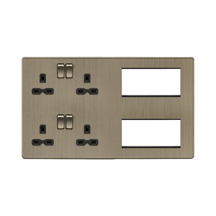 Brass electrical socket and switch panel on a white background