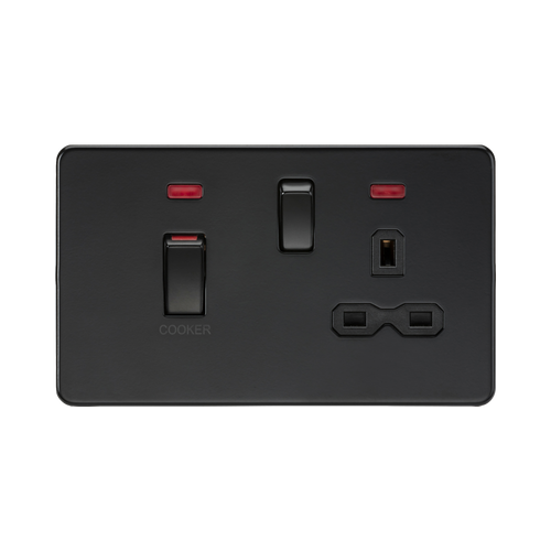 Knightsbridge Screwless Matt Black 45A DP Switch and 13A Socket with Neons SFR83MNMBB