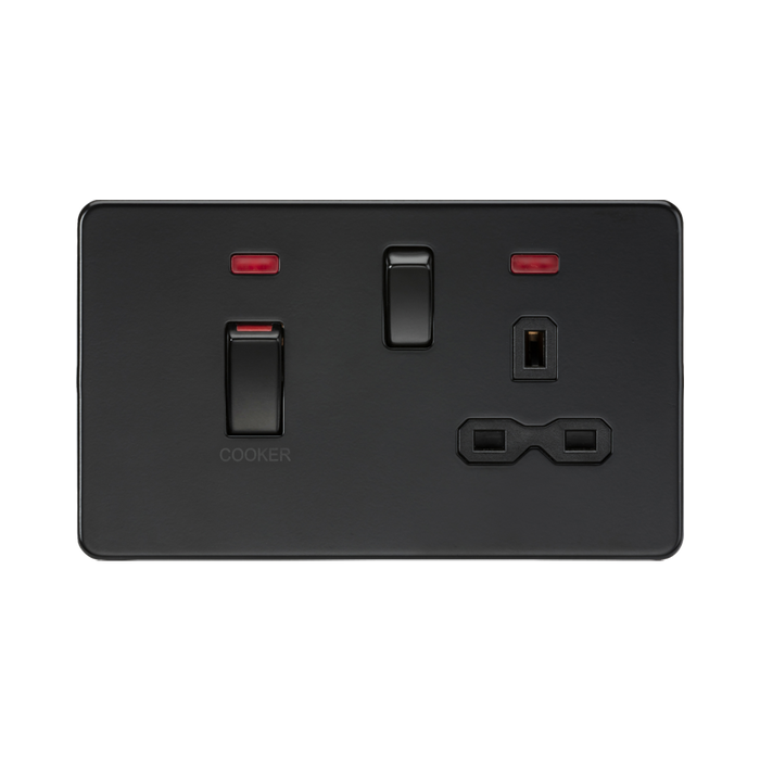 Knightsbridge Screwless Matt Black 45A DP Switch and 13A Socket with Neons SFR83MNMBB