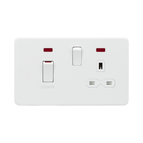 Knightsbridge Screwless Matt White 45A DP Switch and 13A Socket with Neons SFR83MNMW