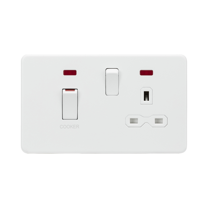 Knightsbridge Screwless Matt White 45A DP Switch and 13A Socket with Neons SFR83MNMW