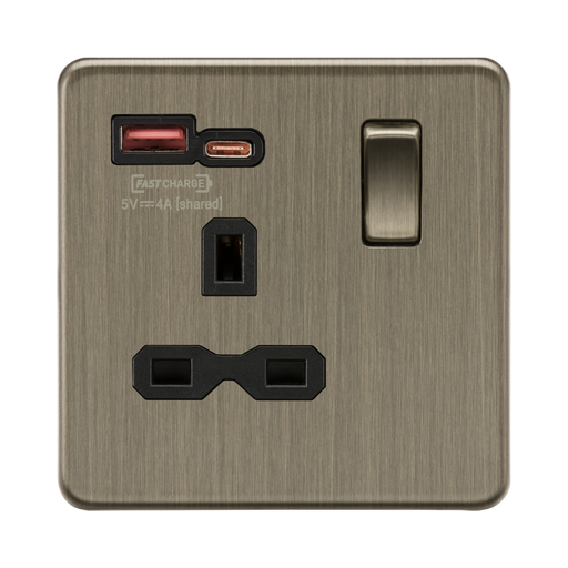 Antique Brass electrical socket with USB-C and USB-A ports on a white background