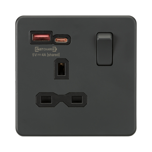 Knightsbridge Screwless Anthracite 13A Single Socket with Dual 18W USB A+C SFR9919AT
