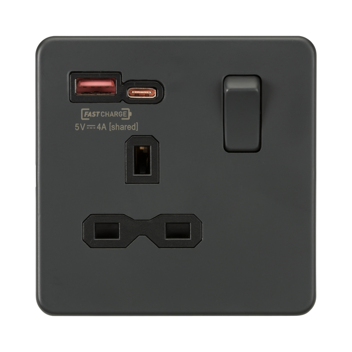 Knightsbridge Screwless Anthracite 13A Single Socket with Dual 18W USB A+C SFR9919AT