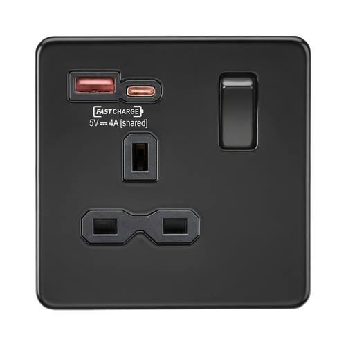 Knightsbridge Screwless Matt Black 13A Single Socket with Dual 18W USB A+C SFR9919MBB