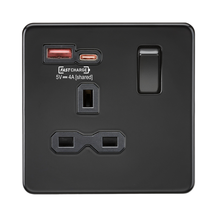 Knightsbridge Screwless Matt Black 13A Single Socket with Dual 18W USB A+C SFR9919MBB