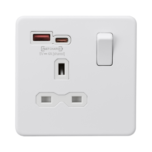 Knightsbridge Screwless Matt White 13A Single Socket with Dual 18W USB A+C SFR9919MW