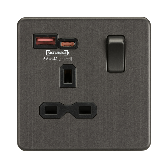 Knightsbridge Screwless Smoked Bronze 13A Single Socket with Dual 18W USB A+C SFR9919SB