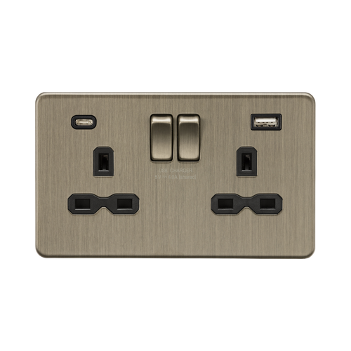 Knightsbridge Screwless Antique Brass 13A Double Socket with Dual USB A+C SFR9940AB