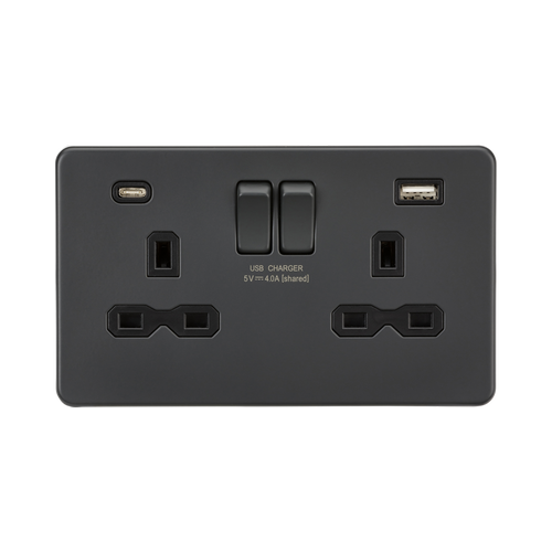 Knightsbridge Screwless Anthracite 13A Double Socket with Dual USB A+C SFR9940AT