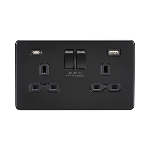 Knightsbridge Screwless Matt Black 13A Double Socket with Dual USB A+C SFR9940MBB