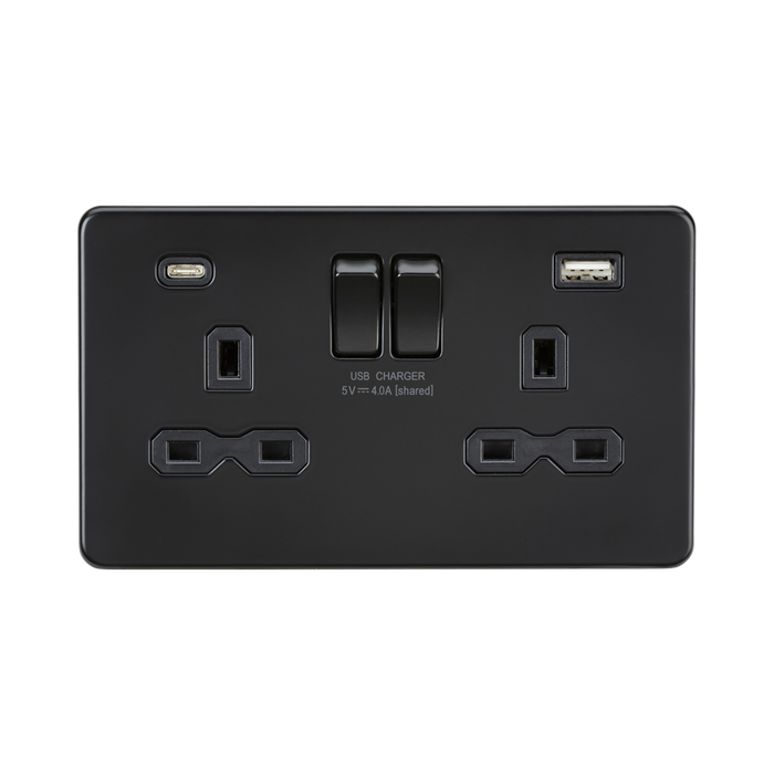 Knightsbridge Screwless Matt Black Double USB Socket with Neon SFR9904NMBB