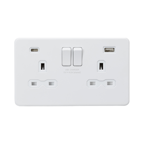 Knightsbridge Screwless Matt White 13A Double Socket with Dual USB A+C SFR9940MW