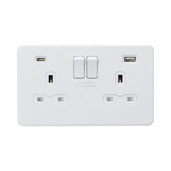 Knightsbridge Screwless Matt White 13A Double Socket with Dual USB A+C SFR9940MW