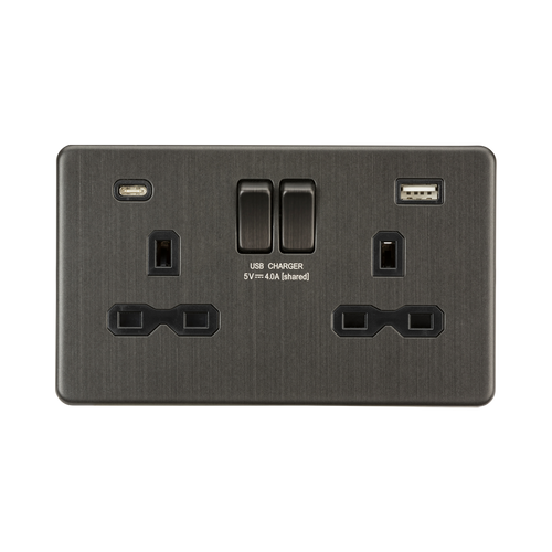 Knightsbridge Screwless Smoked Bronze 13A Double Socket with Dual USB A+C SFR9940SB
