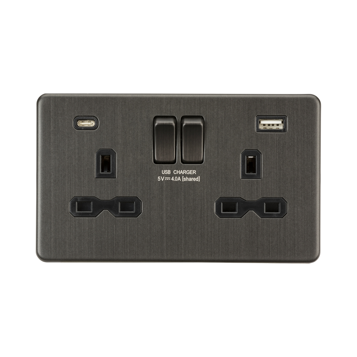 Knightsbridge Screwless Smoked Bronze 13A Double Socket with Dual USB A+C SFR9940SB
