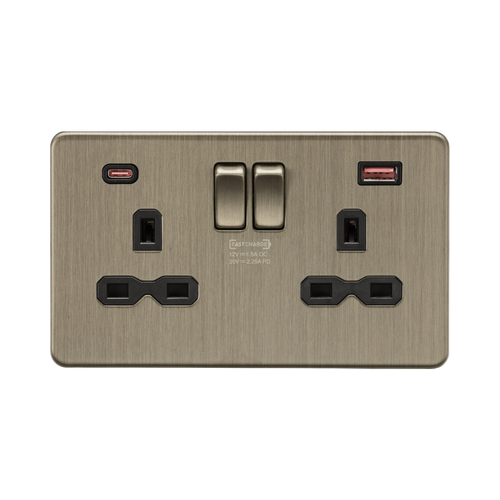 Knightsbridge Screwless Antique Brass 13A Double Socket with Dual USB A+C SFR9945AB