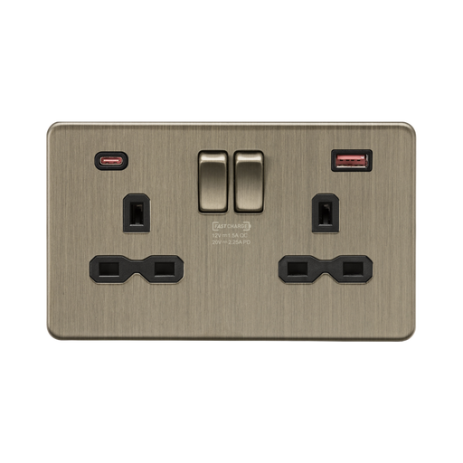 Antique Brass electrical socket with USB ports and switch on a white background