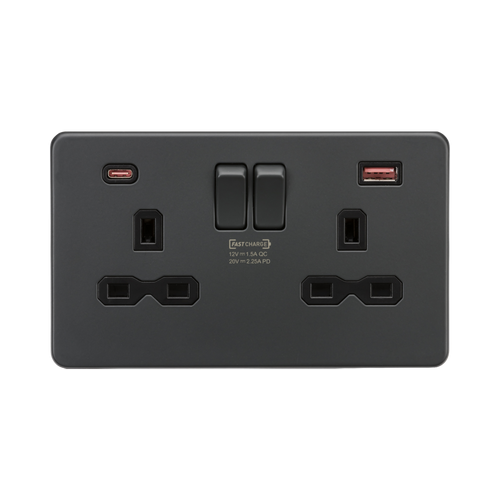 Knightsbridge Screwless Anthracite 13A Double Socket with Dual USB A+C SFR9945AT
