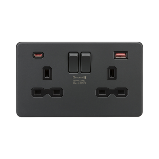 Anthracite electrical socket with two sockets and two USB ports on a white background