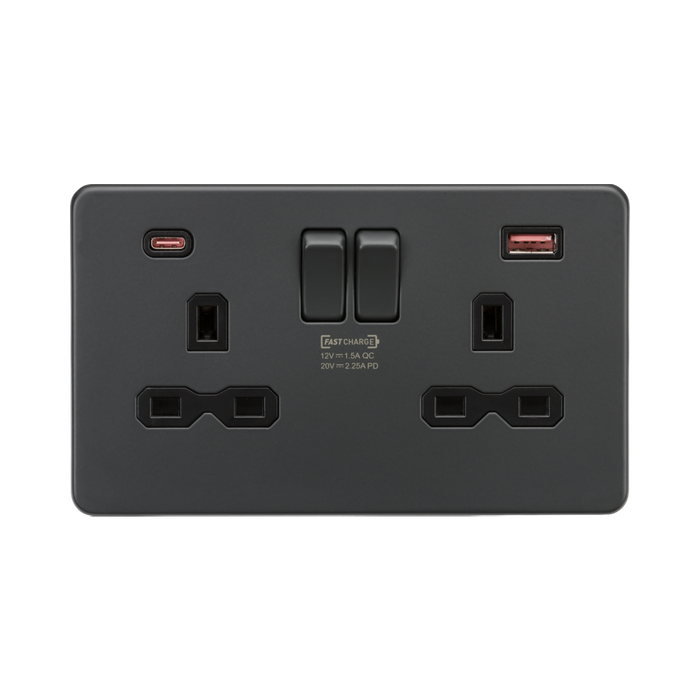 Anthracite electrical socket with two sockets and two USB ports on a white background