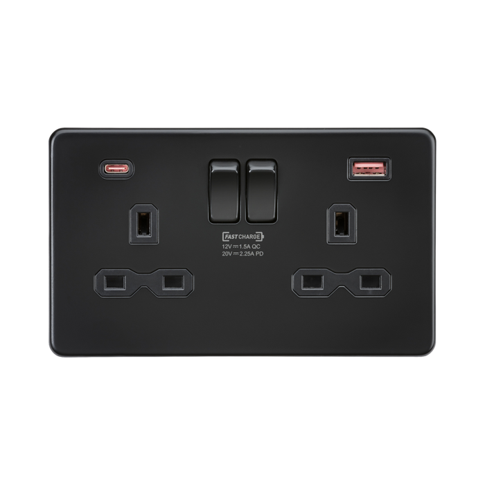 Knightsbridge Screwless Matt Black 13A Double Socket with Dual USB A+C SFR9945MBB